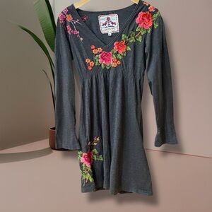 Johnny Was Gray Dress with Red and Pink Floral Embroidery Size: M